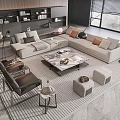 Modern L shaped Sofa And Marble Top Coffee Table Set With Decorative Pillows In Living Room