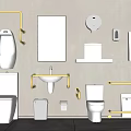 Modern Bathroom Toilet with Urinal Sink Mirror and Golden Handrails