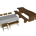 Wooden Dining Table Set With Checkered Tablecloth Chairs And Benches