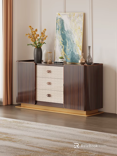 Elegant Dark Brown Storage Cabinet With Woven Drawer Panels Gold Base And Top Decorative Items 3d model 