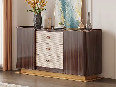 Elegant Dark Brown Storage Cabinet With Woven Drawer Panels Gold Base And Top Decorative Items 3d model