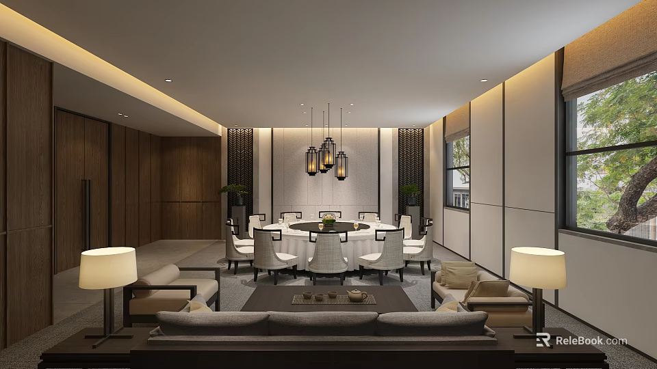 Elegant Modern Private Room Interior With Chandeliers Round Table And Comfortable Sofas 3d model