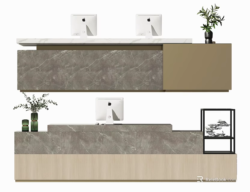 Modern Double Level Reception Desk With Marble Texture Computers Green Plants And Beige Cabinets 3d model