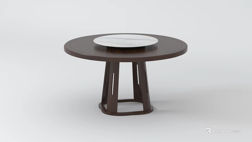 Modern Round Dining Table With Brown Tabletop Unique Geometric Base And White Plate 3d model