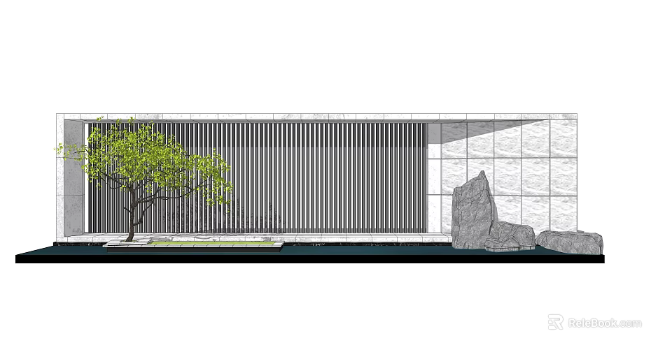Modern Vertical Slat Feature Wall With Green Tree Rock And Water Element 3d model