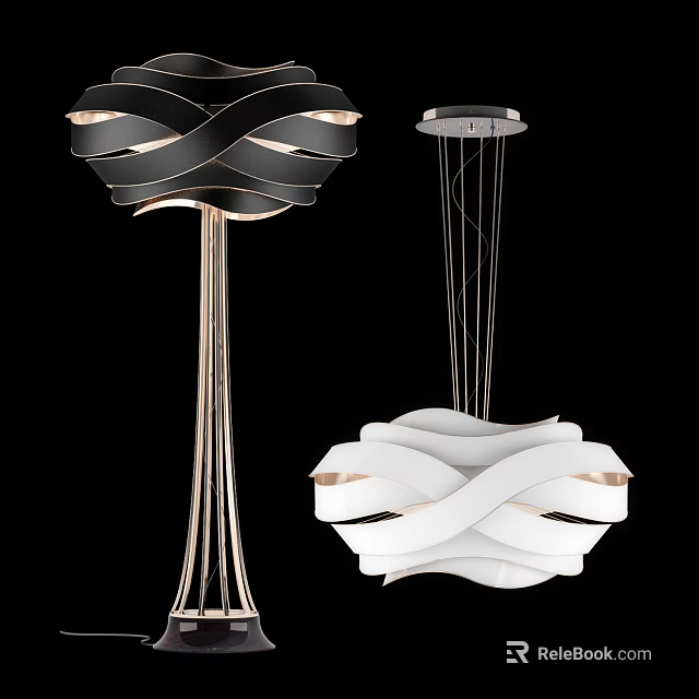 Black And White Lighting Combination With Twisted Design Metal Frame Pendant And Floor Lamps 3d model 