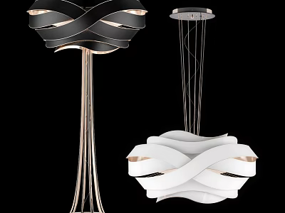 Black And White Lighting Combination With Twisted Design Metal Frame Pendant And Floor Lamps 3d model