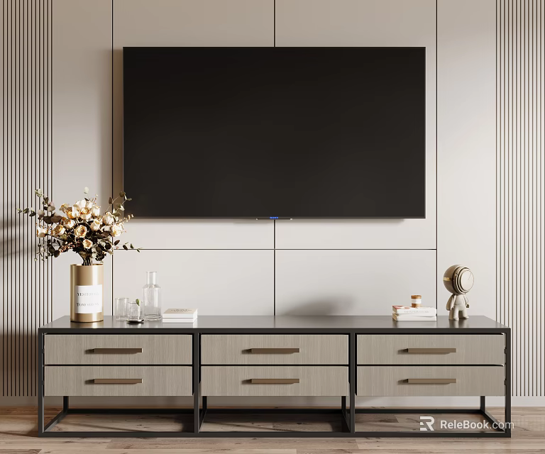 Modern TV Stand With Wooden Drawers Decorative Vase And TV On Striped Wall Background 3d model 