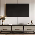 Modern TV Stand With Wooden Drawers Decorative Vase And TV On Striped Wall Background