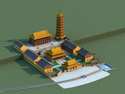Ancient Chinese Architectural Complex With Yellow Roofs Tall Pagoda And Courtyard 3d model
