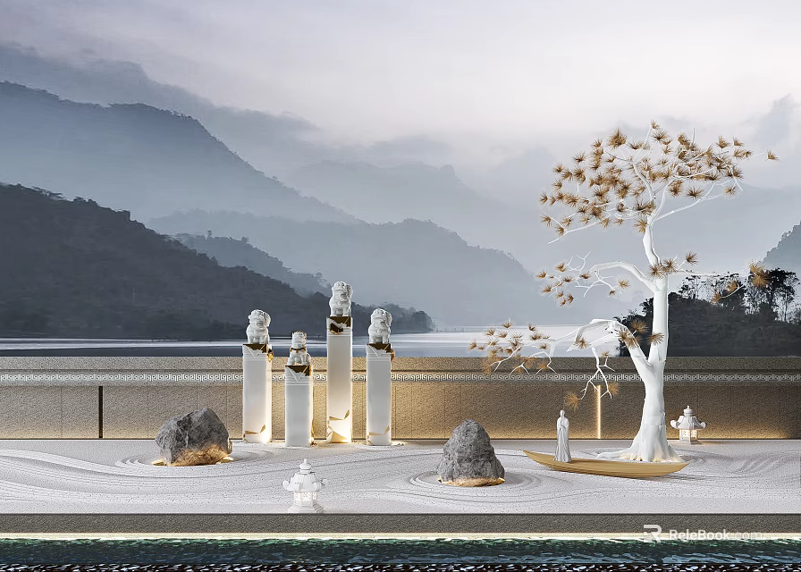 Tranquil Garden Ornaments With Decorative Tree Stones Statues And Mountain View 3d model 