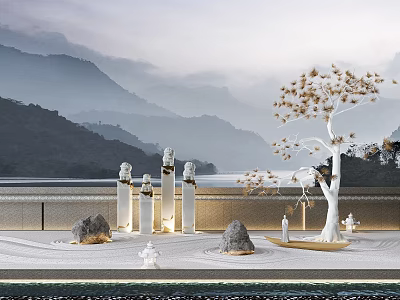 Tranquil Garden Ornaments With Decorative Tree Stones Statues And Mountain View 3d model
