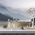 Tranquil Garden Ornaments With Decorative Tree Stones Statues And Mountain View