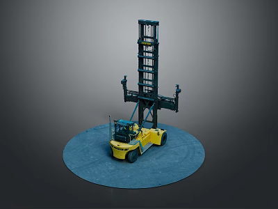 Yellow Industrial Forklift With Black Mast Structure On Blue Circular Display Platform Model 3d model