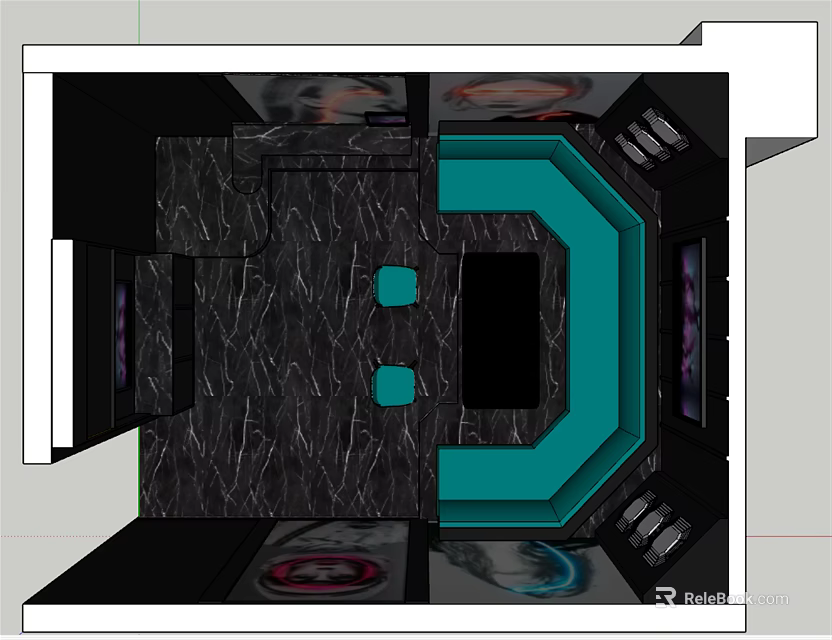 KTV Room Interior Design With Black Marble Flooring Teal Curved Bar Seats And Screens 3d model 
