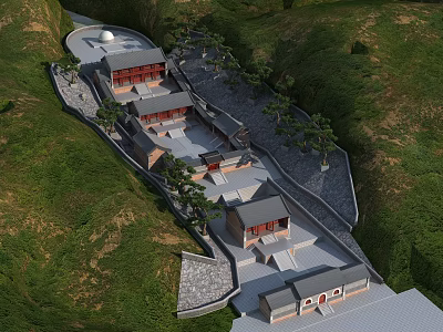 Aerial View of Ancient Architecture Surrounded by Green Grass Hills With Courtyards and Stone Pavements 3d model