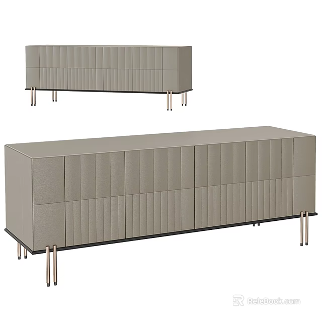 Elegant Modern Light Gray TV Stand With Vertical Striped Front And Metal Legs Design 3d model 