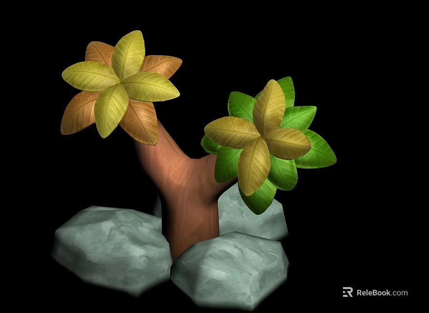 Colorful Plant Combination with Yellow Brown Green Leaves and Brown Trunk Surrounded by Grey Stones 3d model 