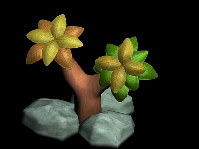 Colorful Plant Combination with Yellow Brown Green Leaves and Brown Trunk Surrounded by Grey Stones 3d model