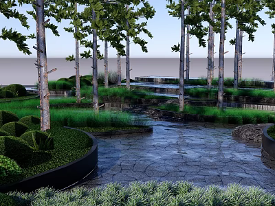 Tranquil Garden Landscape With Tall Trees Green Grass Stone Path And Water Feature 3d model