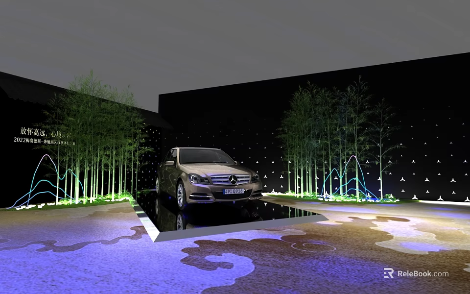 Stage Design For Car Display With Bamboo Trees Water Pool Lighting And Black Backdrop 3d model 