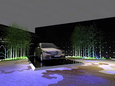 Stage Design For Car Display With Bamboo Trees Water Pool Lighting And Black Backdrop 3d model