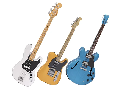 Colorful Electric Guitars Collection With White Yellow And Blue Musical Instruments 3d model