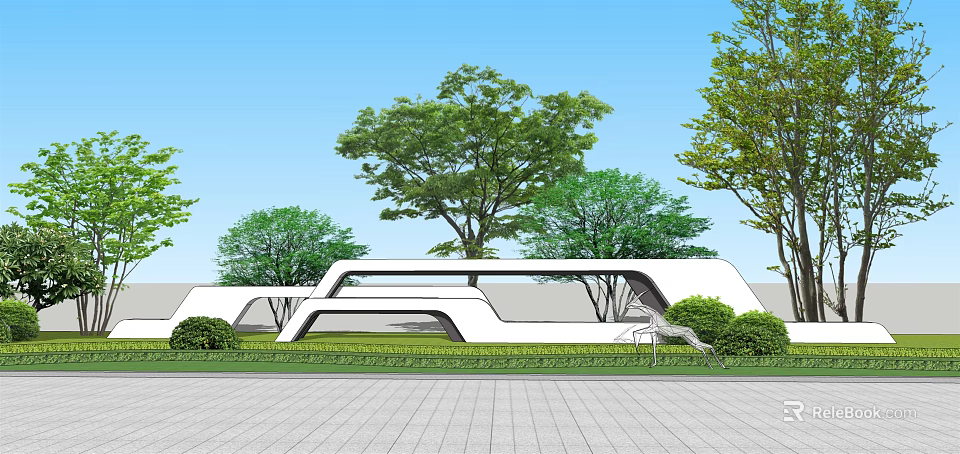 Modern Scenic Wall Design With Green Trees Lawn And Paved Ground 3d model 