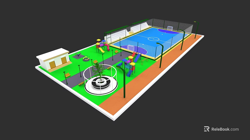Kids Playground With Slide Swings Basketball Court Small Building And Colorful Equipment 3d model 