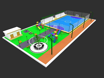 Kids Playground With Slide Swings Basketball Court Small Building And Colorful Equipment 3d model