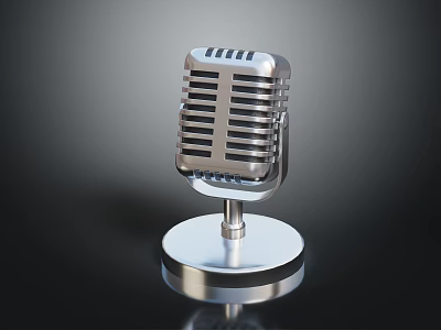 Vintage Metal Microphone With Classic Retro Design And Round Stand Base 3d model
