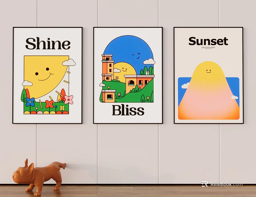 Vibrant Cartoon Wall Arts With Shine Bliss Sunset And Dog Figurine 3d model 