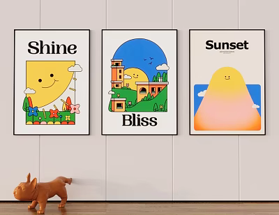 Vibrant Cartoon Wall Arts With Shine Bliss Sunset And Dog Figurine 3d model