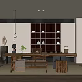 Minimalist Tea Room Interior With Wooden Table Tea Sets Display Shelves And Natural Light