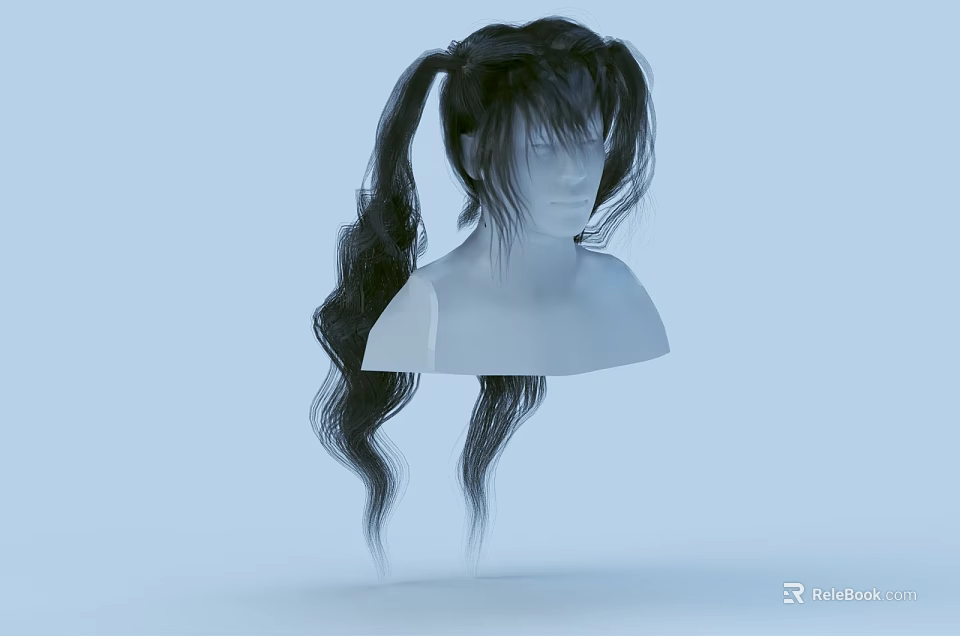Game Movie Character with Black Long Ponytail Wig and Layered Hair on Light Blue Background 3d model 