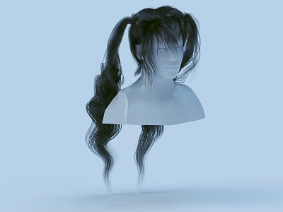Game Movie Character with Black Long Ponytail Wig and Layered Hair on Light Blue Background 3d model