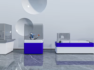 Smart Machines Showcased In Modern Display Cases With Blue And White Pedestals In Exhibition Hall 3d model
