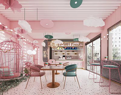 Sweet Fresh Pink Dessert Shop With Cloud Decorations And Birdcage Seating 3d model