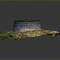 Ancient Circular Building Ruins With Black Dome Top And Green Vegetation Covered Stone Base