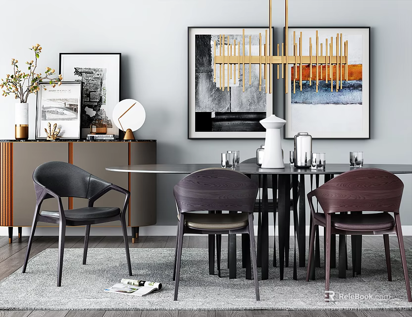 Modern Dining Table Set With Round Table Leather Chairs And Hanging Pendant Light 3d model 