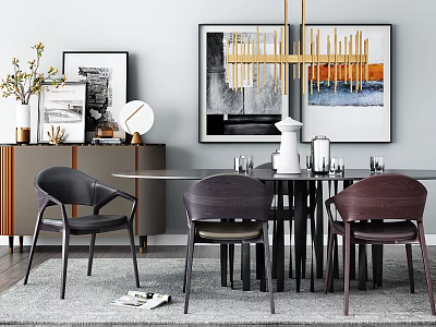 Modern Dining Table Set With Round Table Leather Chairs And Hanging Pendant Light 3d model
