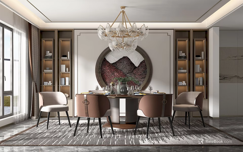 Elegant Dining Room Interior With Chandelier Circular Decorative Painting Dining Table Chairs And Bookshelves 3d model 