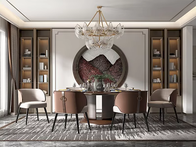 Elegant Dining Room Interior With Chandelier Circular Decorative Painting Dining Table Chairs And Bookshelves 3d model