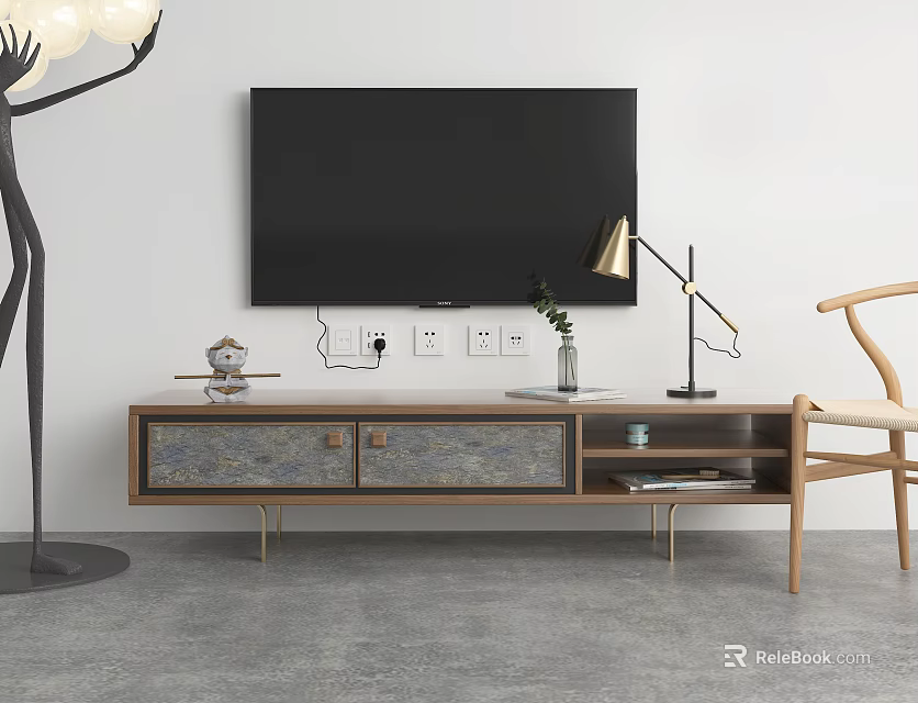 Modern TV Stand With Wooden Cabinet Metal Legs TV Lamp And Vase On Top 3d model 