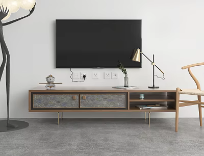 Modern TV Stand With Wooden Cabinet Metal Legs TV Lamp And Vase On Top 3d model