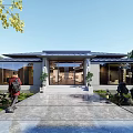 Modern Villa Exterior Design With Large Glass Windows Stone Pathway And Lantern Lamps 3d model