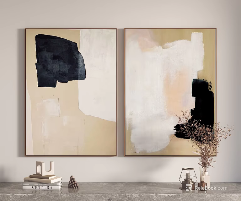 Abstract Paintings with Neutral Beige White Black Soft Pink Tones Hanging on Gray Wall 3d model 