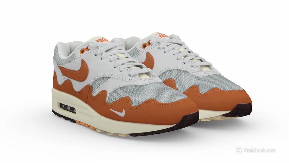 Nike White Orange Gray Mesh Leather Shoes With Wavy Air Cushion Design 3d model 