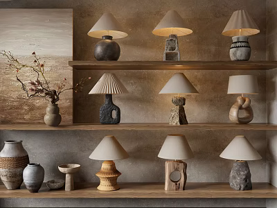 Unique Shaped Table Lamps On Shelves With Decorations 3d model