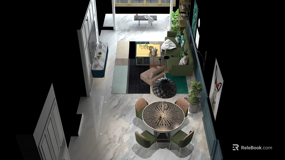 Modern Living Room Sofa Coffee Table Set With Area Rug And Green Plants 3d model 